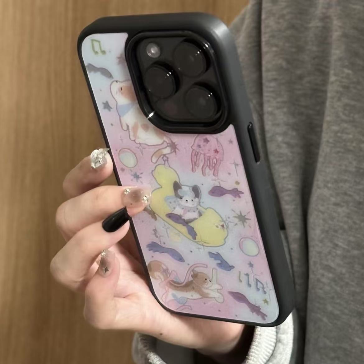 碳纤维鎏金玻璃猫咪小鱼海洋适用苹果16pro/iPhone15p/14手机壳女