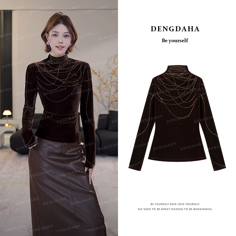 DENGDAHA「 」百搭高领纯色烫钻长袖时尚打底衫显瘦T恤 A9135