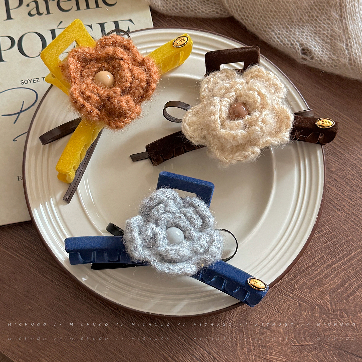 秋冬针织毛线花朵珠珠发夹女后脑勺盘发抓夹大号鲨鱼夹子发卡发饰