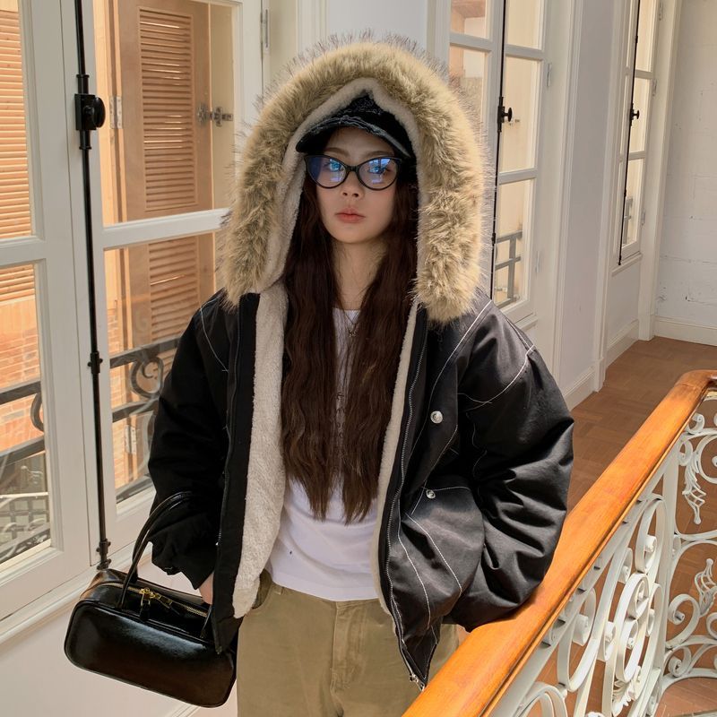 2025新款美式复古棉服外套短款派克服加厚加绒保暖宽松防寒棉衣女