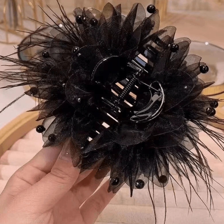 新款牡丹花羽毛花抓夹高颜值轻奢女时尚上档次鲨鱼夹抓夹洋气发夹