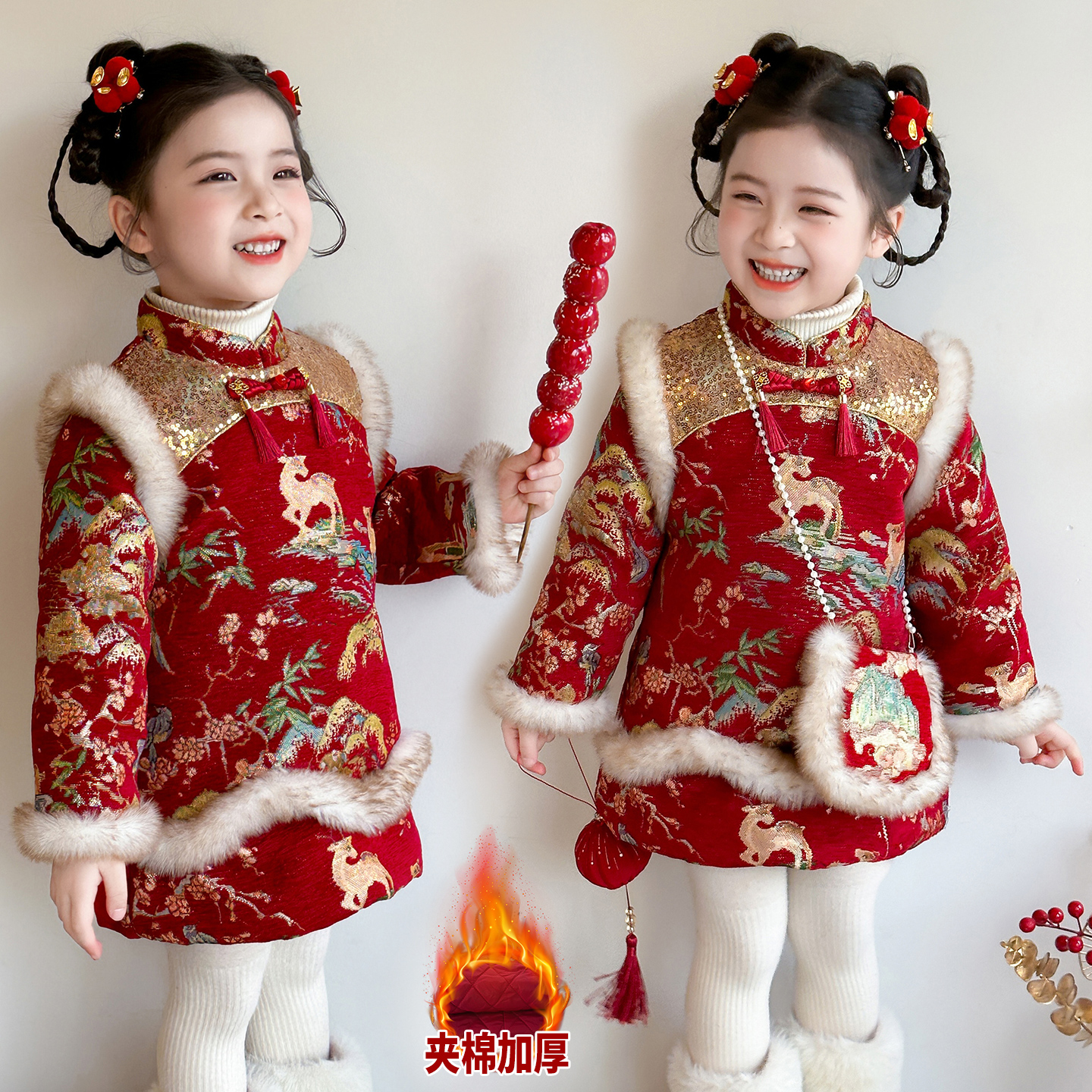 拜年服女童冬季新中式旗袍裙国风儿童汉服女宝宝加厚喜庆新年衣服
