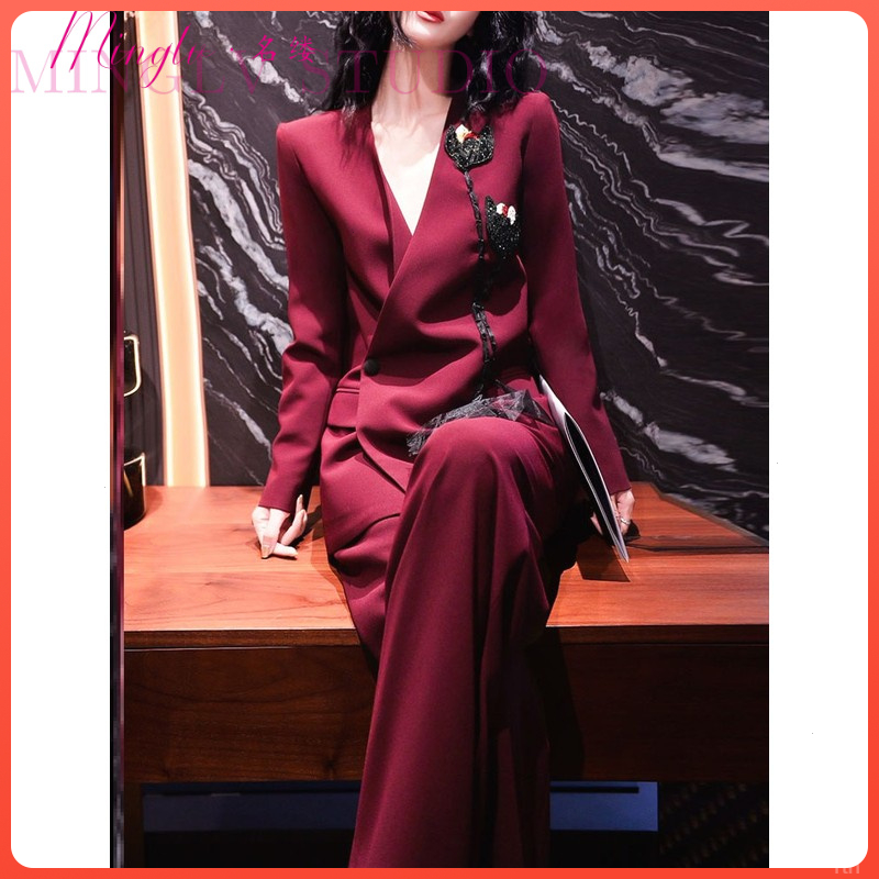 早秋女装复古安哥拉红色花卉刺绣交襟优雅V领西装阔腿裤两件式套