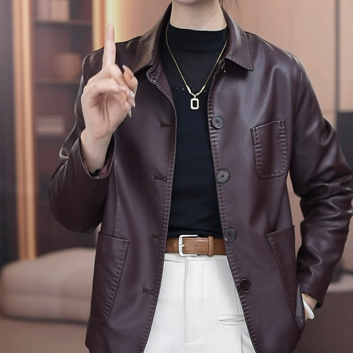 2025春秋新款安可拉红皮衣女士翻领休闲宽松显瘦百搭皮夹克外套潮