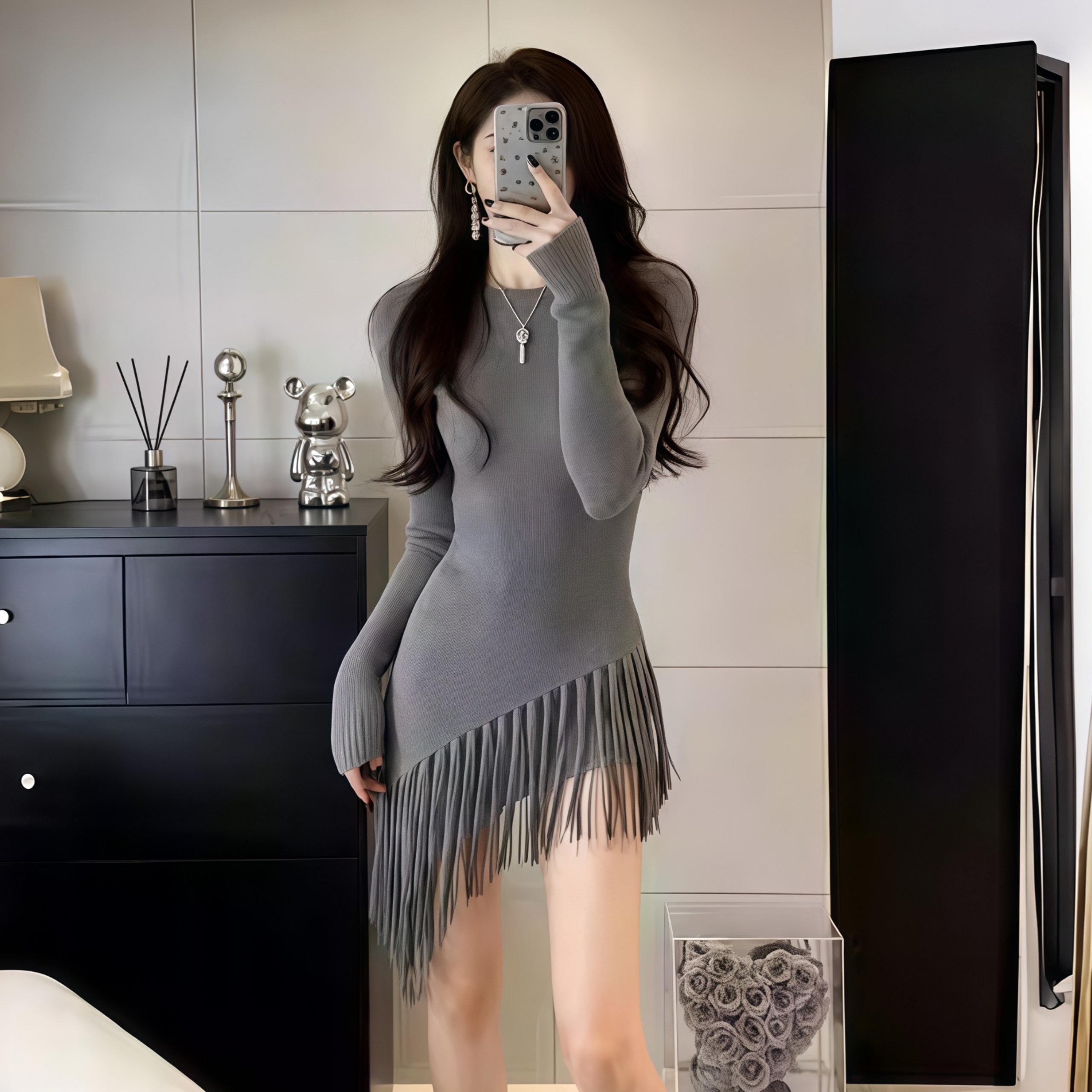 高级感御姐气质修身流苏连衣裙女2025秋冬新款绝美长袖针织短裙子