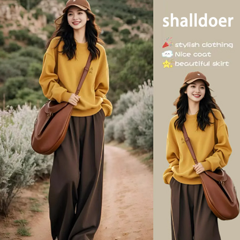 韩系清新氛围感套装女2025春秋款别致黄色套头卫衣休闲裤两件套