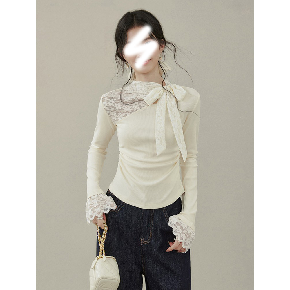 韩系高级感蕾丝蝴蝶结系带长袖t恤女秋冬内搭独特绝美打底衫上衣