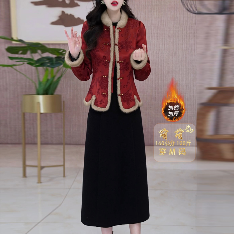 国风时尚毛领套装女2025冬季新款女士端庄显瘦棉外套连衣裙两件套