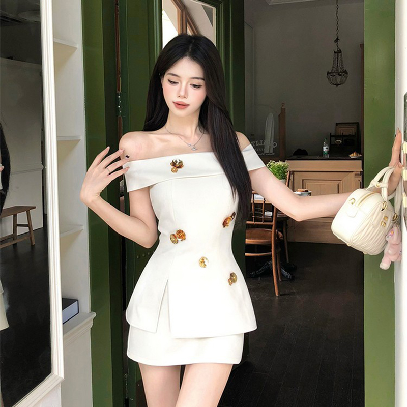 法式纯欲收腰修身一字肩开叉上衣女设计感小众半身短裙子套装夏季