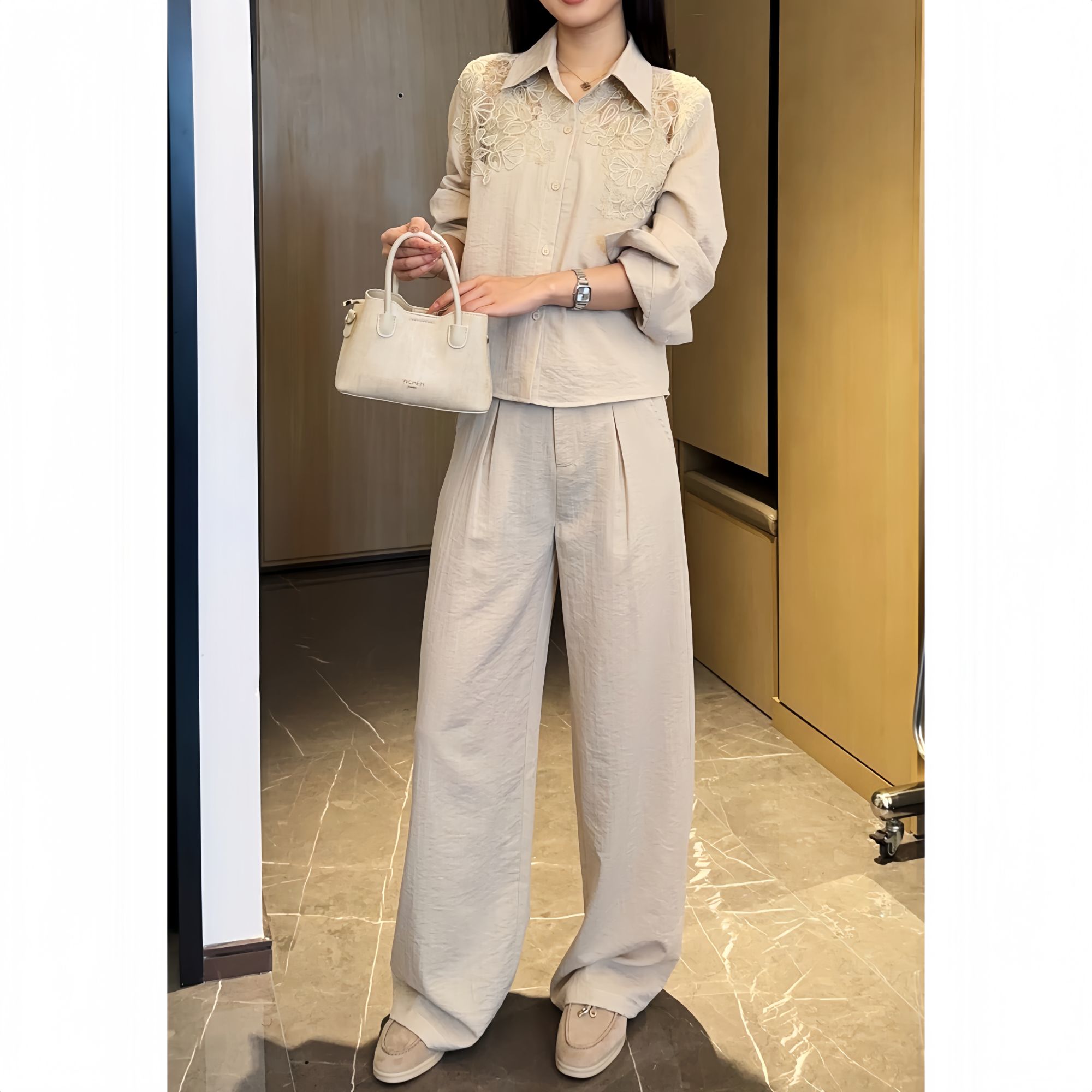 老钱风新中式时尚套装女蕾丝拼接上衣+宽松显瘦阔腿裤休闲两件套