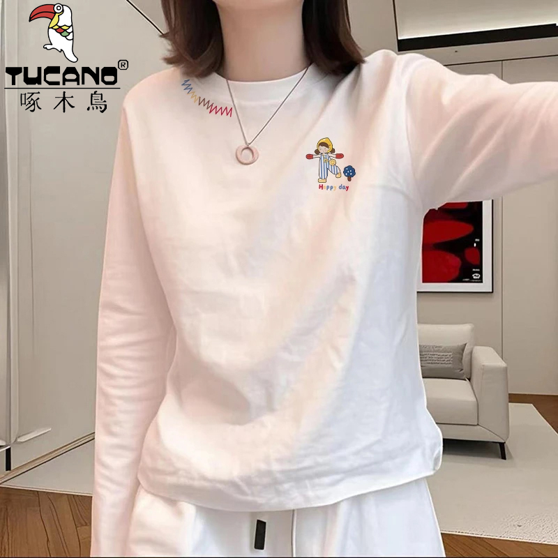 啄木鸟纯棉新款秋宽松圆领长袖T恤女装高级感别致休闲打底衫上衣