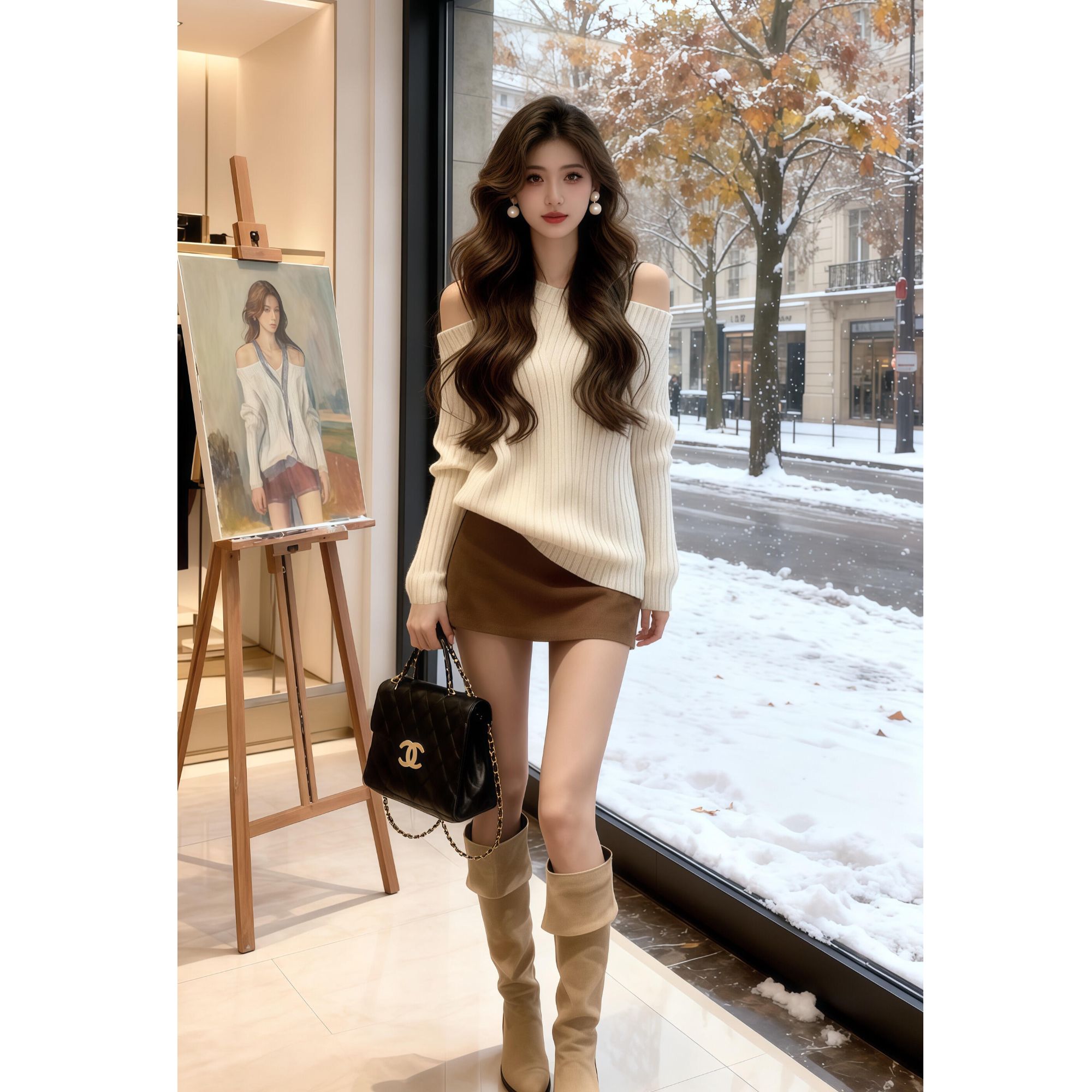 韩系早秋氛围感穿搭高级感巨好看慵懒松弛感白色露肩毛衣短裤套装