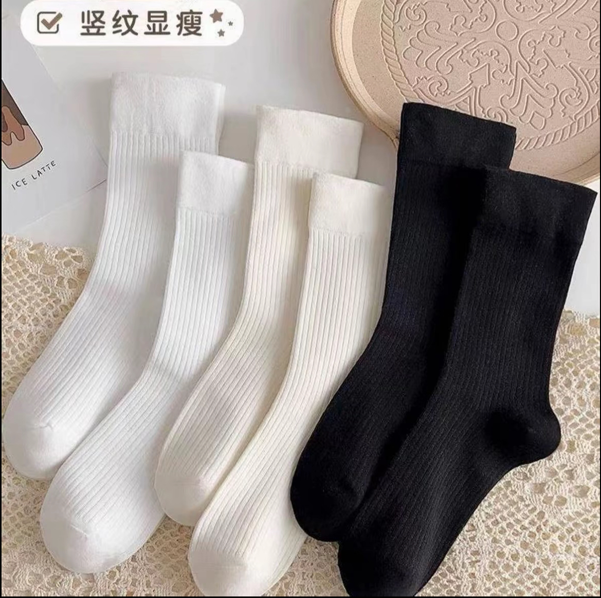 【棉100%】纯棉袜子女白色中筒袜秋季棉质堆堆袜子搭配乐福鞋长筒袜
