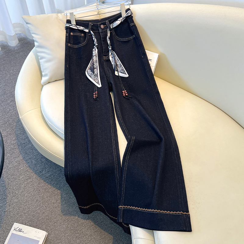 高级感丝带阔腿牛仔裤女秋季2025新款高腰显瘦垂感刺绣裤脚简喇裤
