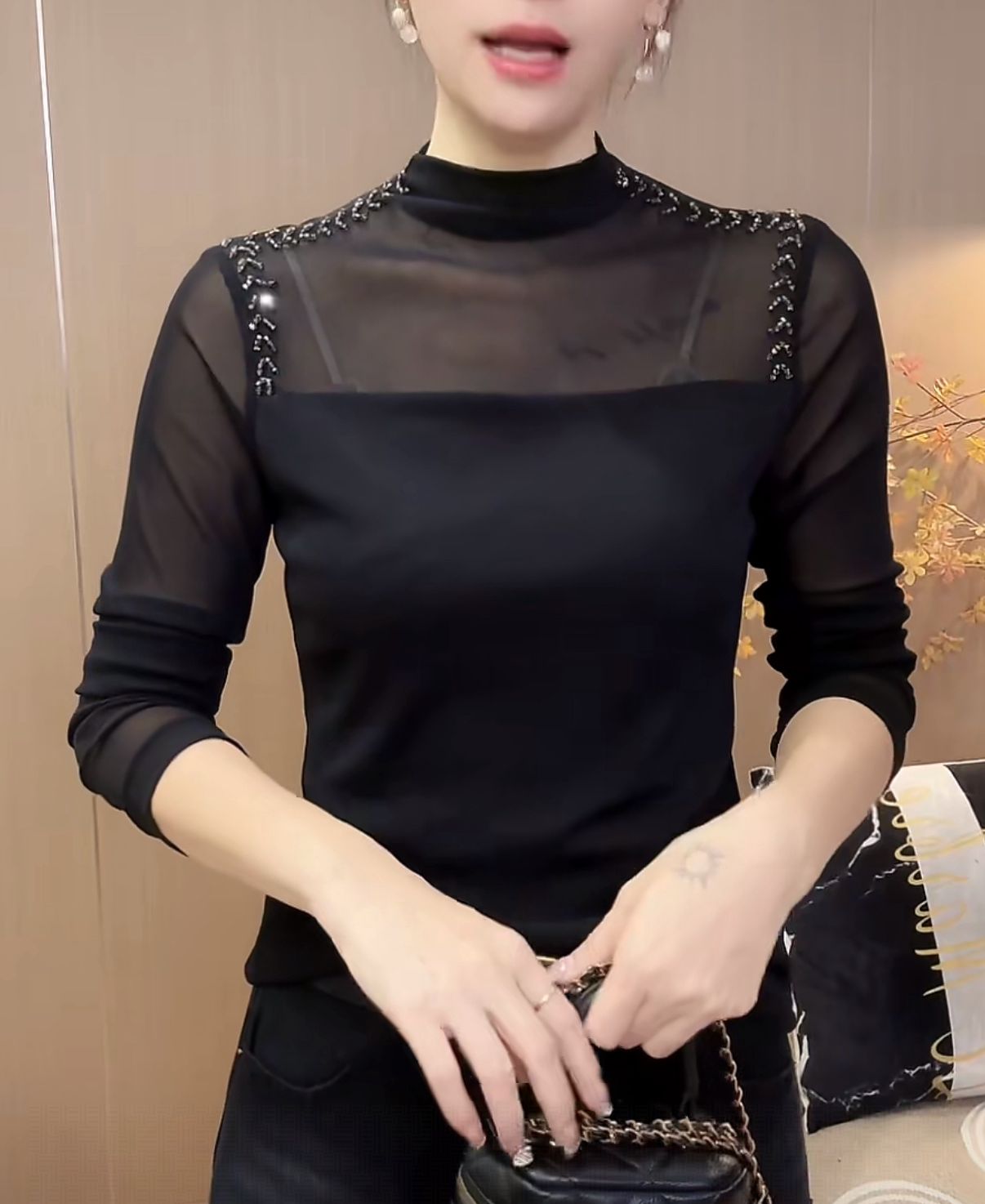 长袖网纱半高领拼接打底衫女2025秋新款潮流百搭显瘦优雅气质上衣