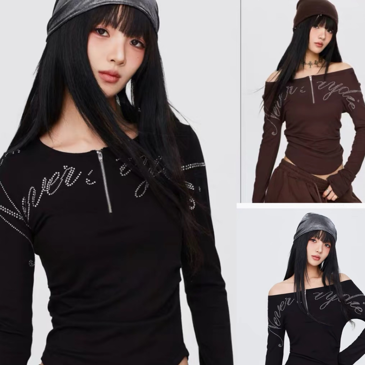 新丽-秋冬女上衣街舞潮牌一衣多穿烫钻字母针织T恤长袖-0925