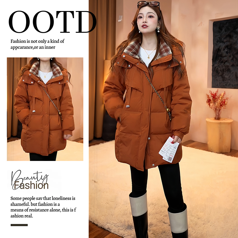 加厚中长款羽绒棉服女2025年冬季新款连帽设计女格子拼接保暖棉袄