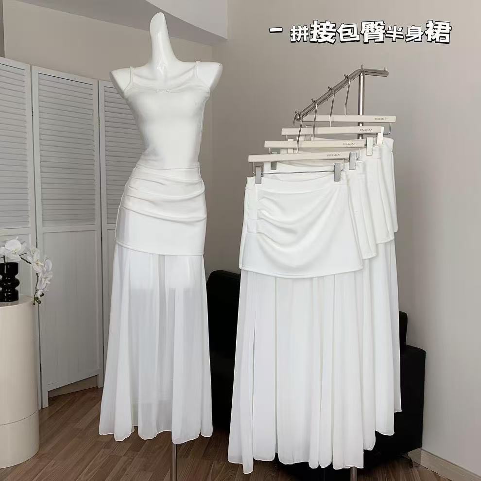 甜美白色假两件半身裙女夏季新款高腰显瘦网纱裙百搭A字包臀长裙