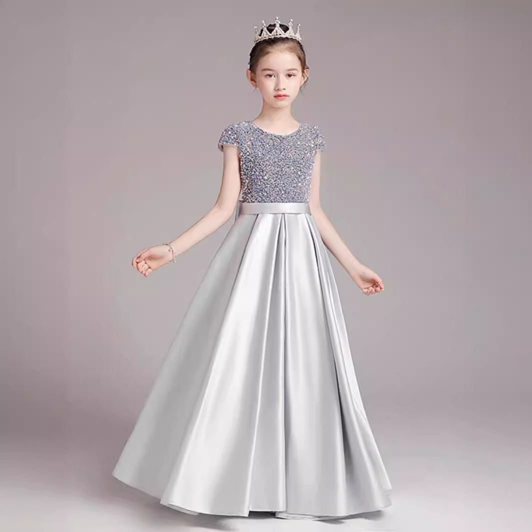 女大童钢琴礼服灰色亮片2025长款演出服公主裙主持人走秀表演服春