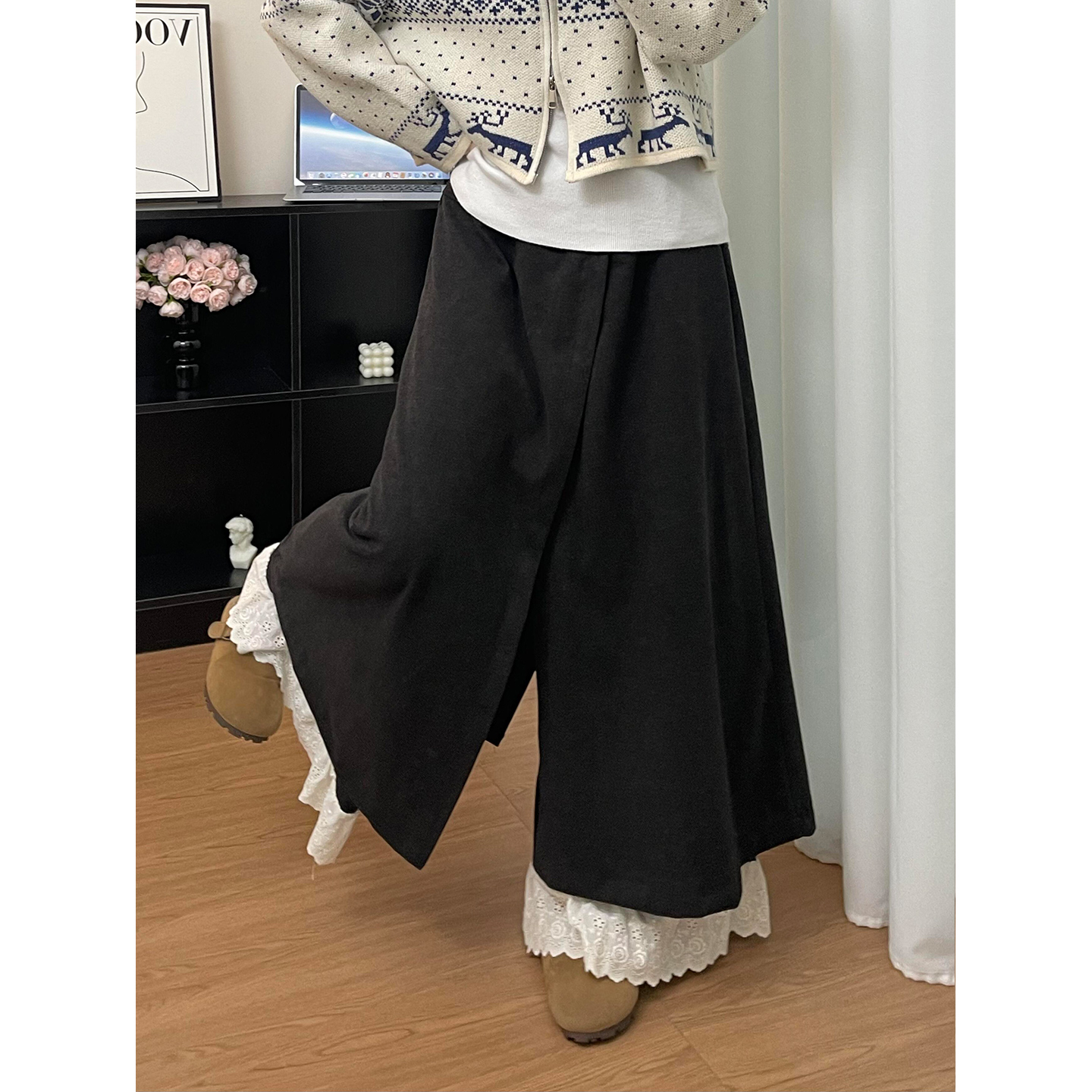 蕾丝花边拼接休闲裤女2025新款秋季大码胖mm高腰显瘦宽松阔腿裙裤