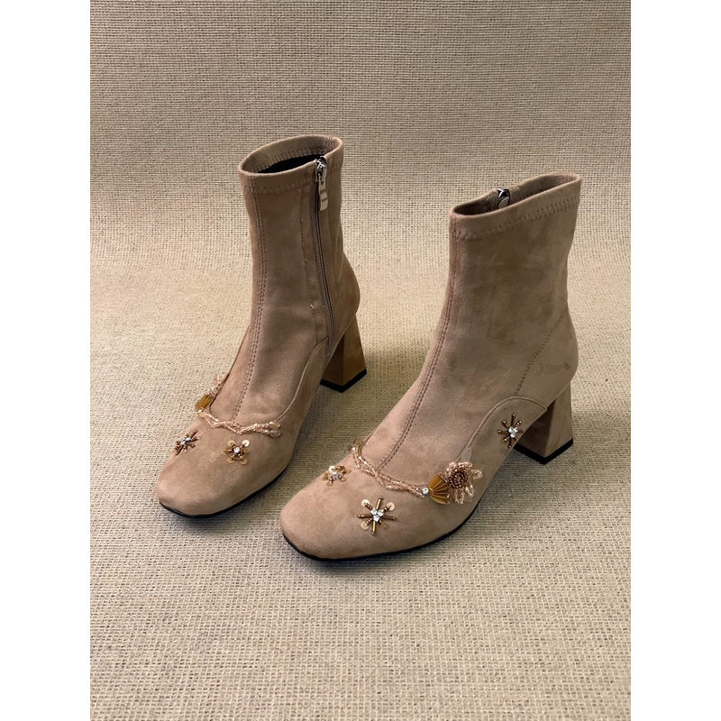 nnmiss/5cm复古风方头磨砂短靴闪片串珠花朵侧拉链时装靴