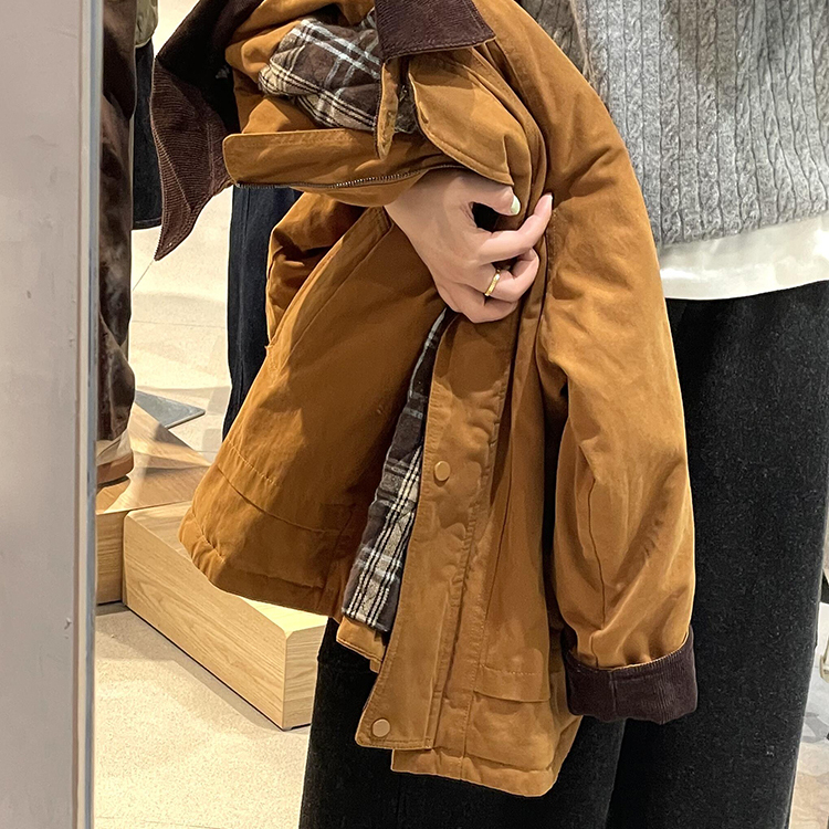 大橘大利！高货橘黄色灯芯绒拼翻领棉衣女秋冬通勤高级感夹棉外套