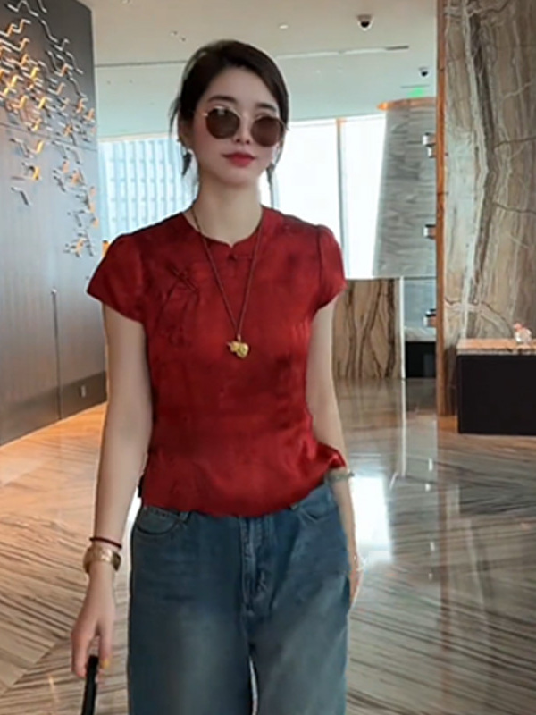 新中式气质红色短袖衬衫女装2025夏季新款百搭显瘦贵气感国风上衣