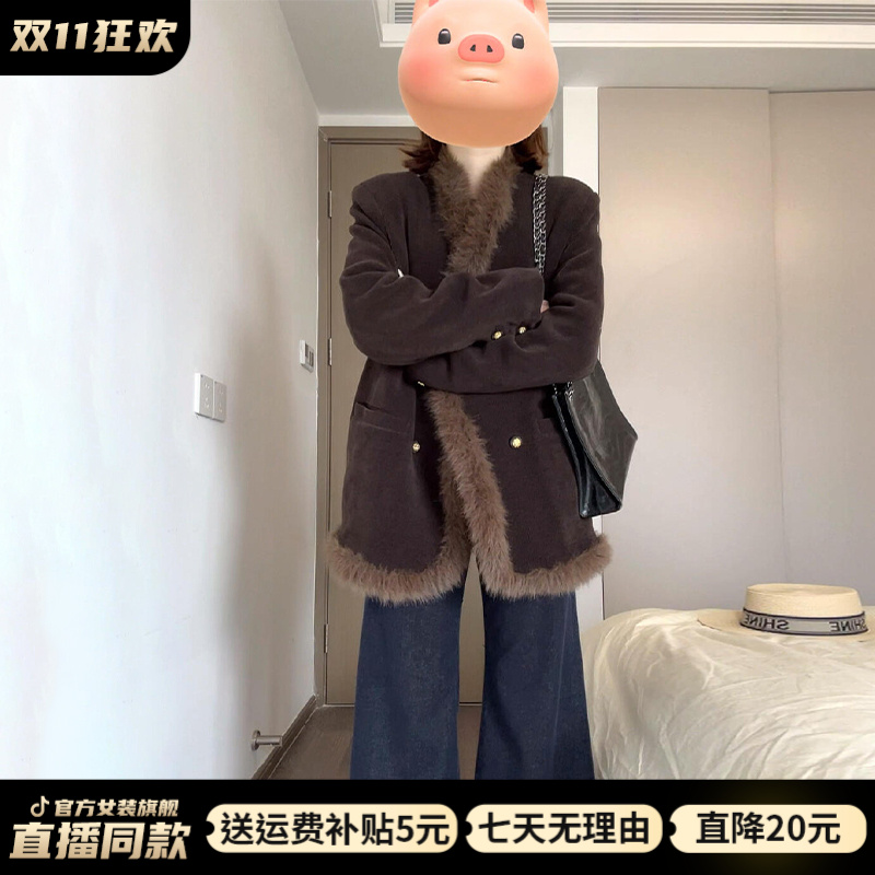 美拉德复古棕色毛毛领外套女2025年秋冬新款加爆款网红款高冷酷飒