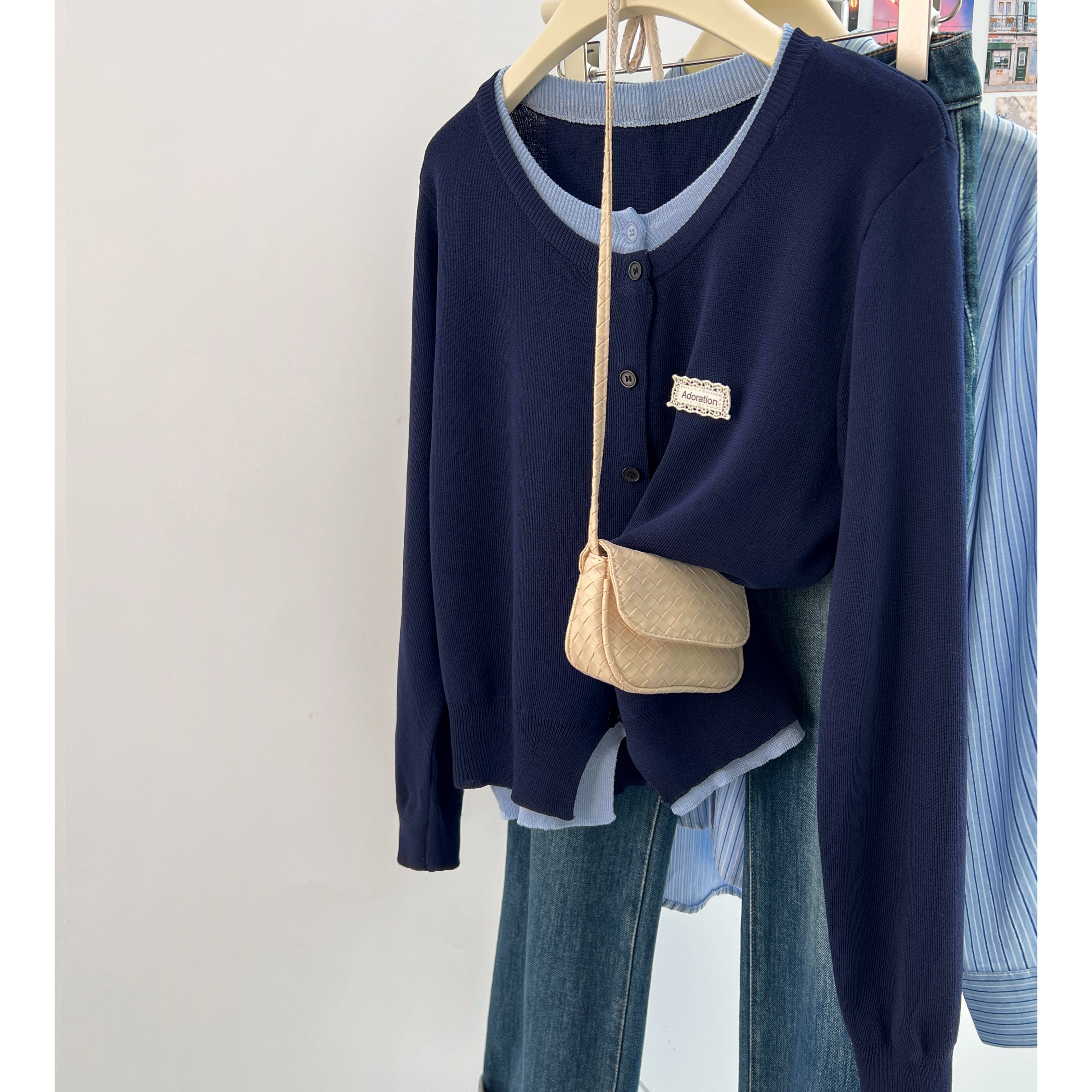 【现货】韩系假两件长袖针织开衫女秋chic别致外搭宽松短款上衣外套