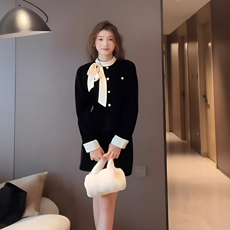 巨好看冬装一整套裙法式小香风蝴蝶结上衣半身裙小个子丝绒两件套