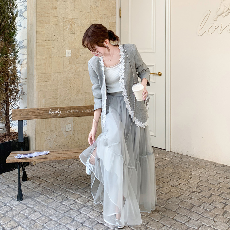 小香风花边西装网纱半裙2025春秋新款优雅气质高级感ins风套装裙