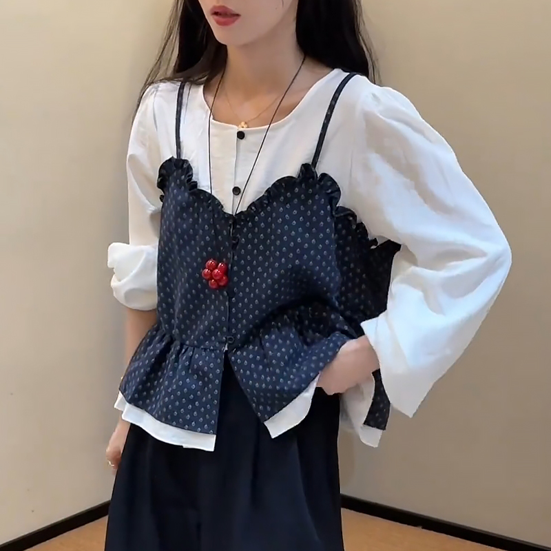 韩系波点吊带假两件撞色拼接长袖衬衫女早秋季新款小众设计感上衣