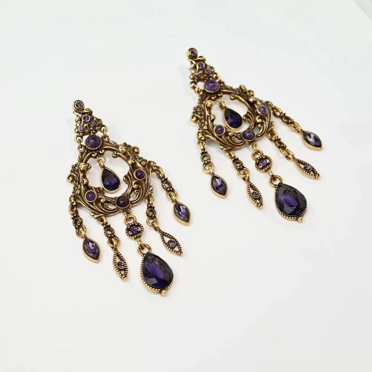 铜合金耳饰 紫藤水晶流苏扫肩耳环小众复古宫廷优雅奢华气质耳饰