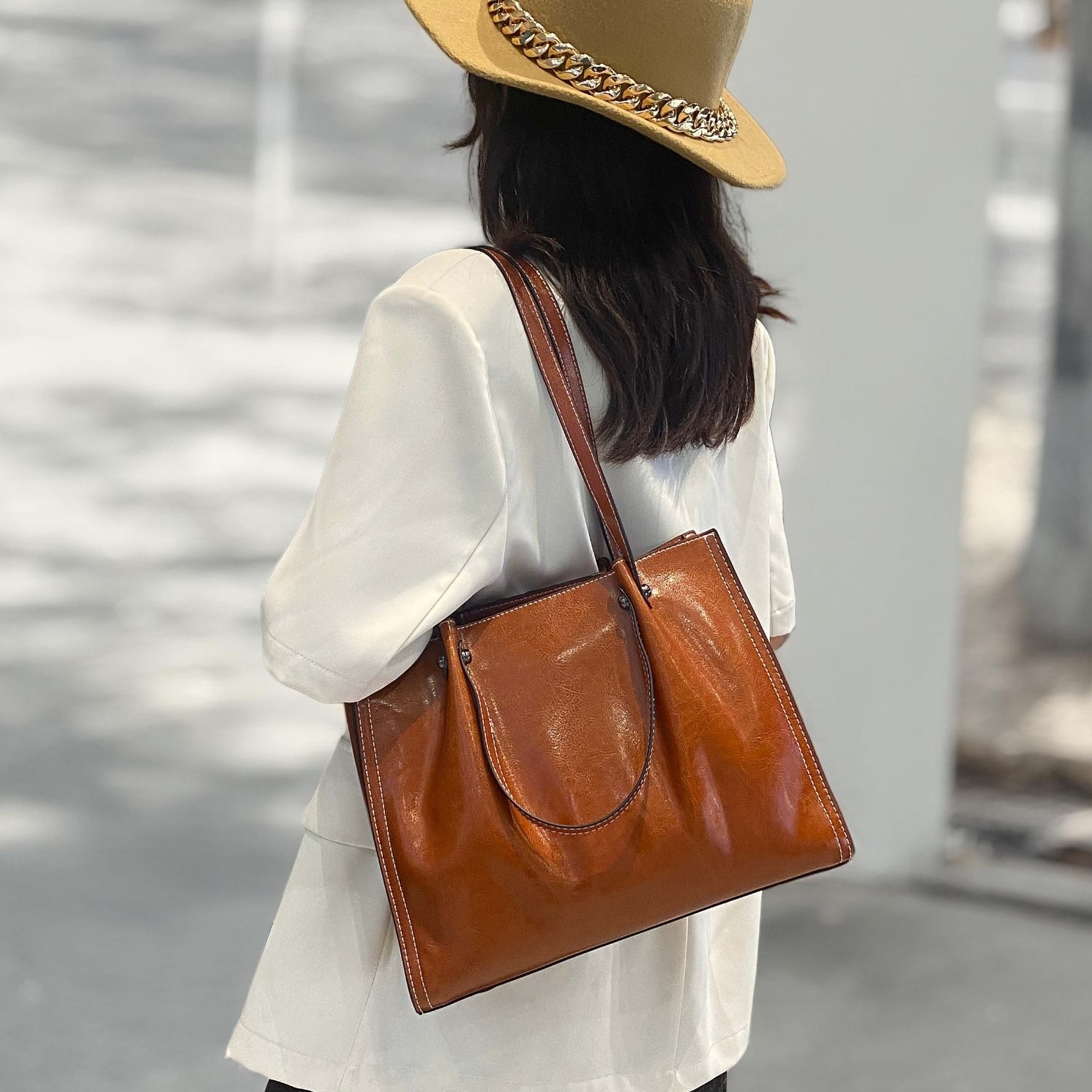 复古单肩托特包植鞣头层牛皮女包百搭通勤简约时尚女士韩版黑色