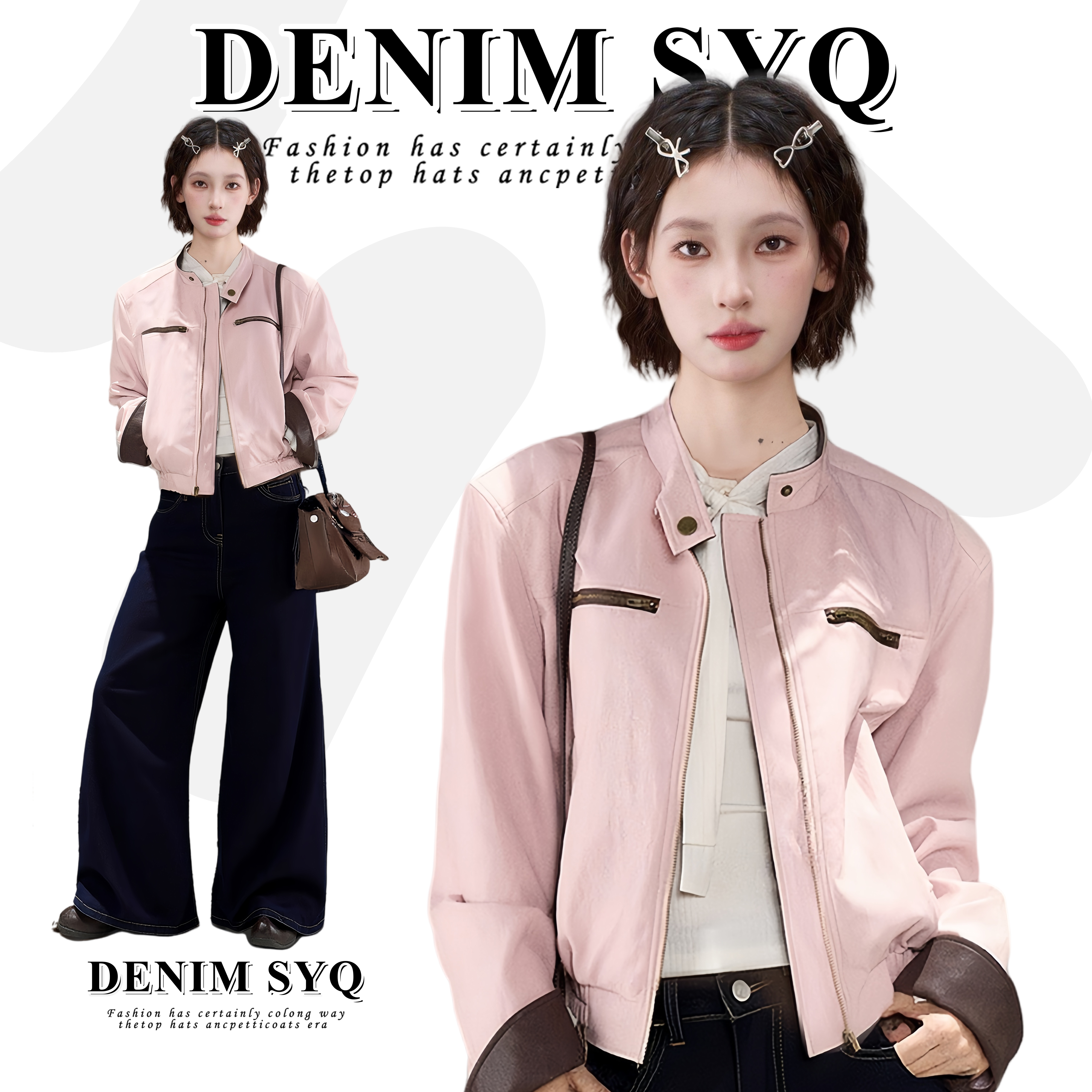 粉色立领pu皮衣外套女早秋新款小个子短款开衫工装夹克上衣酷飒风