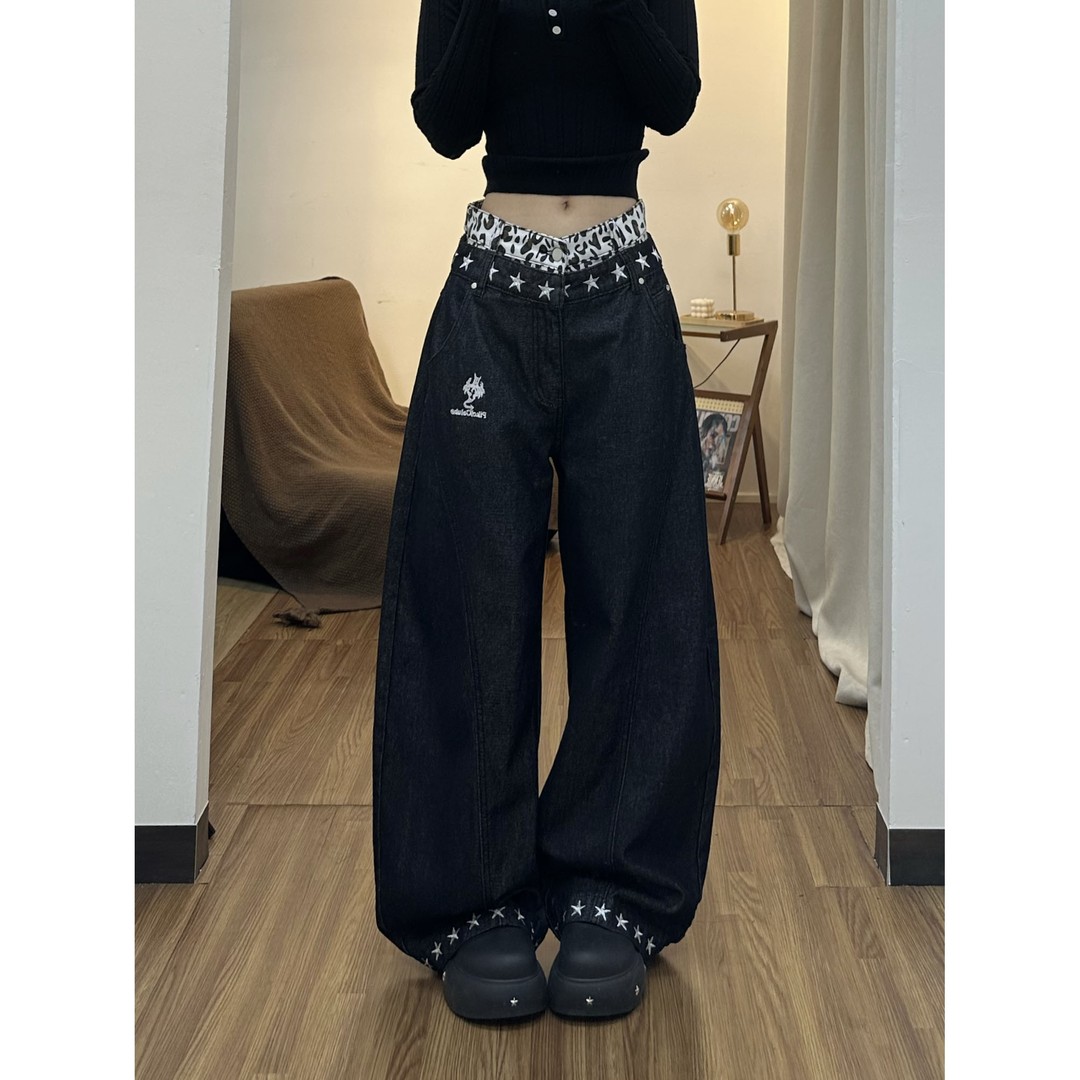 梦动美式街头星星印花牛仔裤子男女款秋冬季新款豹纹腰头拼接拖地