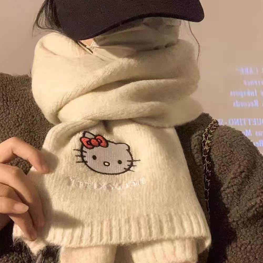 新款百搭可爱小猫毛线围脖女冬季加厚保暖日系仿羊毛亲肤针织围巾