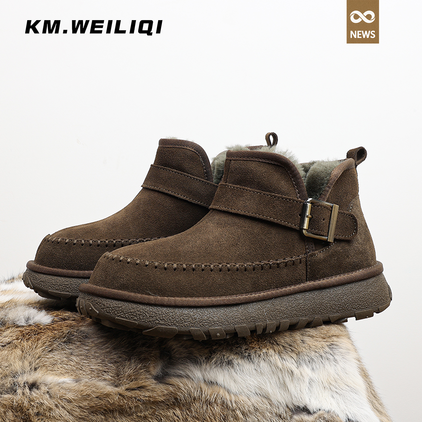 冬季男鞋反绒皮羊毛男士雪地靴厚底防水防滑轮胎底保暖棉鞋男潮流