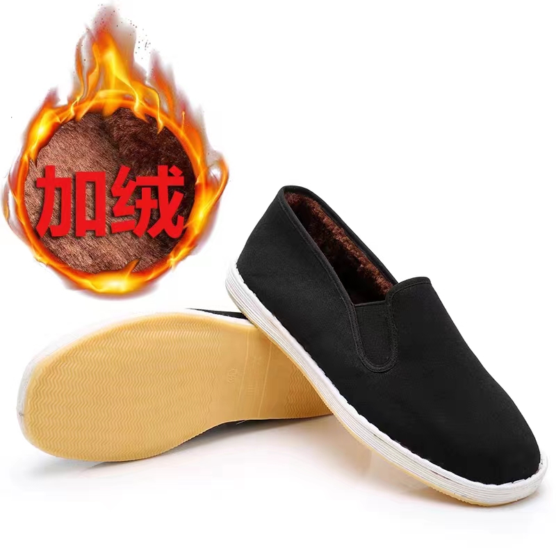 冬季新款加绒加厚千层底二棉一脚蹬开车遛弯散步防滑老北京男布鞋