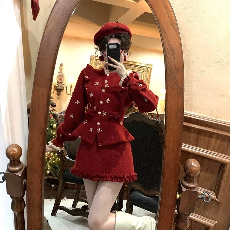 大码女装小香风套装裙秋冬新款蝴蝶结荷叶边毛呢外套半身裙两件套