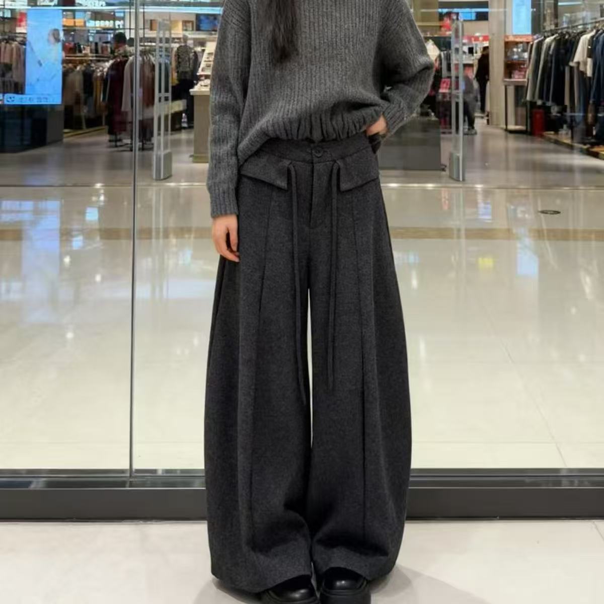 新款时尚洋气百搭阔腿裤毛呢加绒裤子新款时尚洋气百搭女装休闲裤