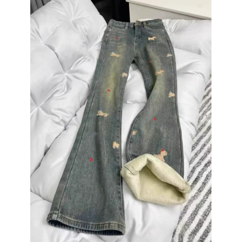 美式复古腊肠狗刺绣微喇牛仔裤女秋冬高腰显瘦垂感加绒拖地喇叭裤