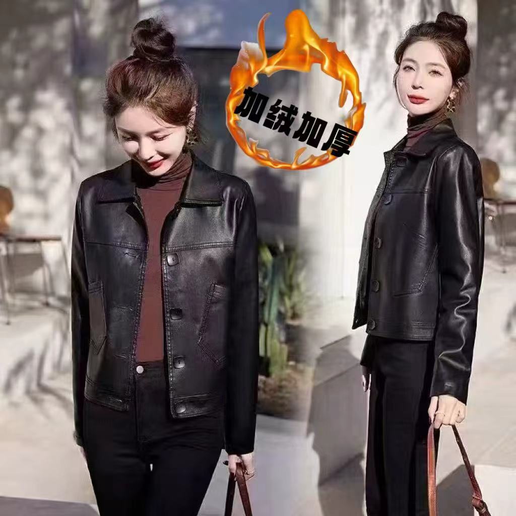 韩版时尚气质加绒加厚八排扣皮衣外套BD