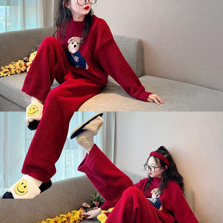 儿童睡衣女孩秋冬2025新款中大童红色半边绒家居服女童本命年衣服