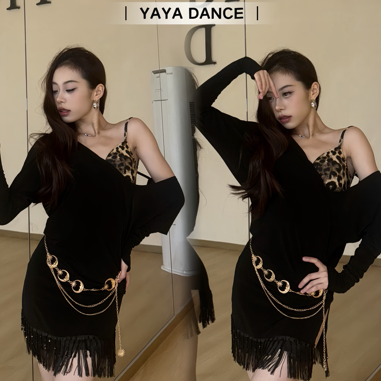 YAYaDANCE正品拉丁舞服｜绝美斜肩连衣裙搭配豹纹美背可班服可比赛