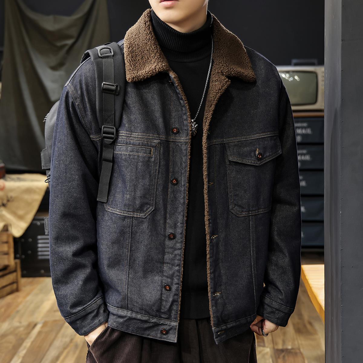 冬季羊羔绒加厚牛仔外套男2024新款美式复古加绒保暖工装夹克棉服