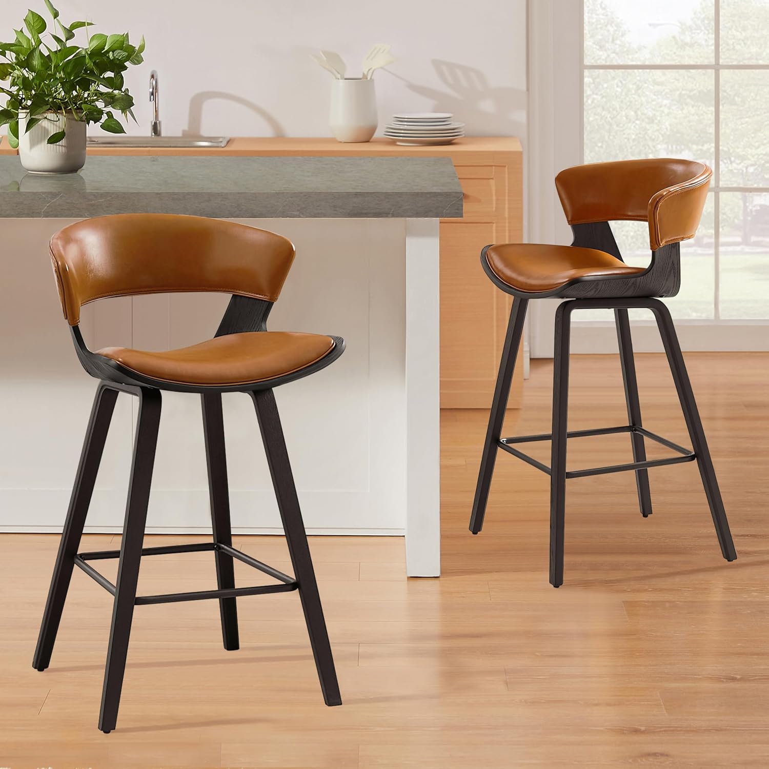 聚力北欧风实木吧台椅旋转靠背高脚凳轻奢家用咖啡厅前台酒吧凳