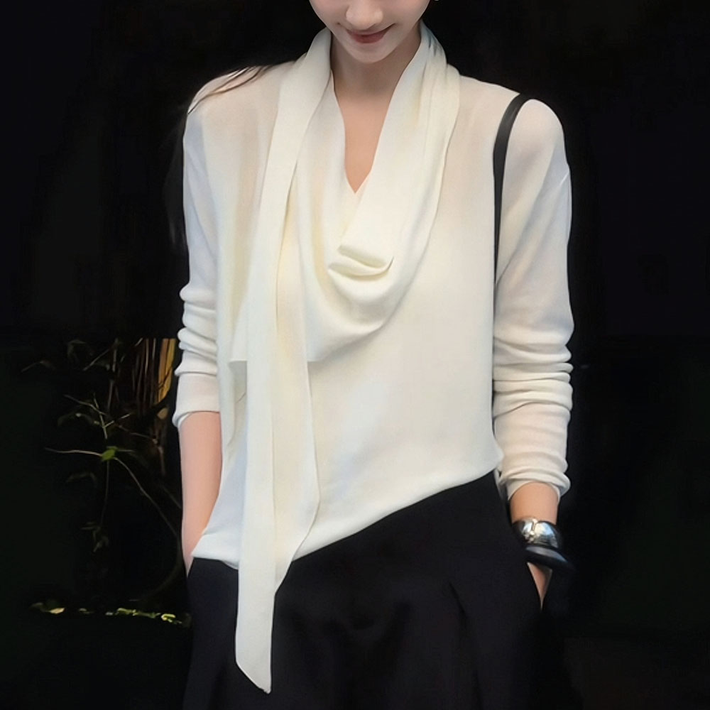 荡领飘带长袖针织衫女秋冬新款高级感气质宽松显瘦内搭打底衫上衣