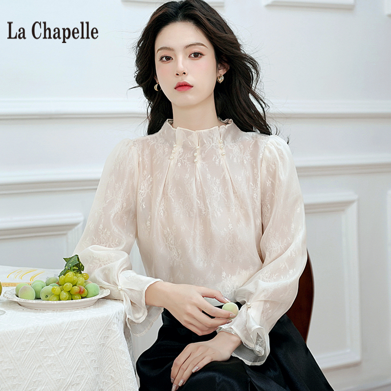 拉夏贝尔立领珍珠蕾丝衬衫女早春小香风法式雪纺高级感小衫上衣