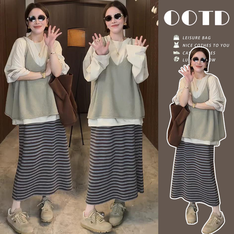 孕妇套装秋冬新款慵懒宽松上衣+马甲+可调节条纹半身裙慵懒三件套